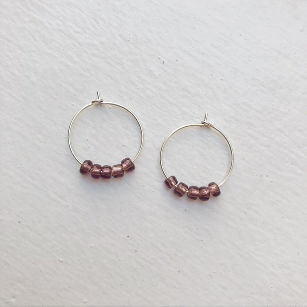 Purple handmade beaded silver hoop earrings 20mm